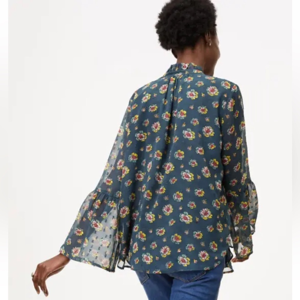 LOFT Green Floral Swiss Dot Tie Neck Blouse Bell Sleeve Sheer Top Size XL - Picture 3 of 11